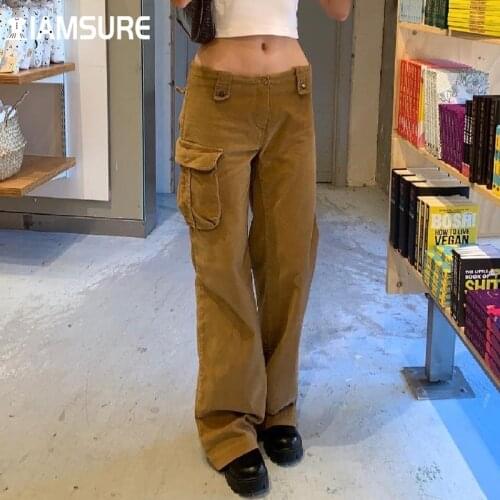 IAMSURE Pockets Corduroy Trousers Vintage Solid Low Waisted Wide Leg Pants Women 2021 Autumn Winter Cargo Pants Streetweear Lady