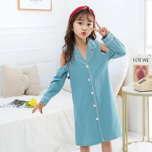 Spring Autumn Nightwear Long Sleeve Girls Soild Pijama Homewear Off-the-shoulder Nightdress Cotton Baby Children Nightgowns