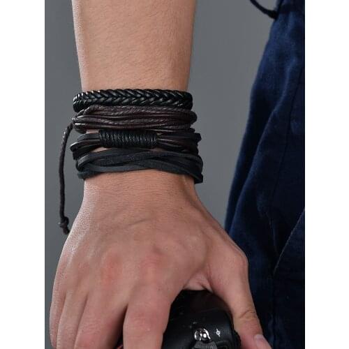 Vintage Handmade Feather Multilayer Leather Bracelet Sets Men Fashion Braiding Coffee Rope Wrap Bracelets & Bangles Male Gift