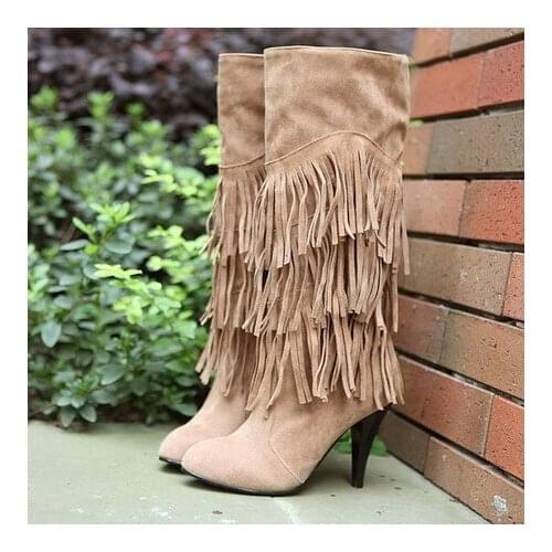 Women Thin High Heels Fringe Long Boots Spring Autumn Fashion Pointed Toe Tassels Half Boots Plus Size 41 42 43 Big Size Shoes