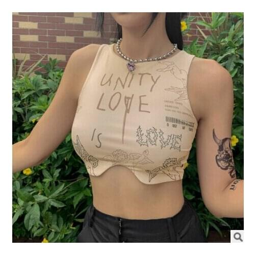 Womens New Stylish Letter Print Cropped Top Summer Wrapped Elastic Casual Party Round Neck Tanks Vest Sun-tops