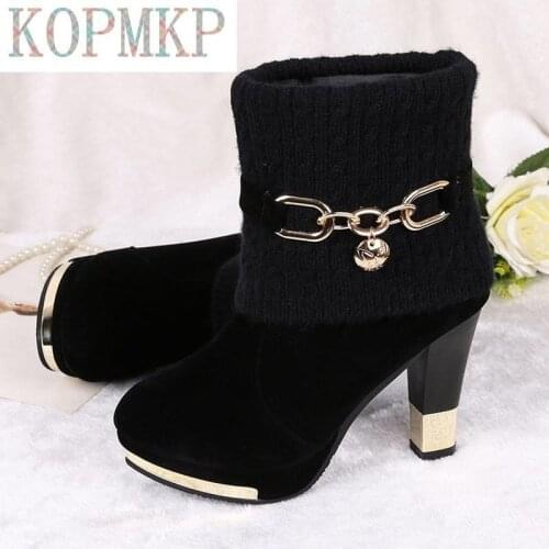 Women Boots High Heels Boots Woman Booties Women Short Boots Female Pointed Toes Kopmkp Slip on Winter Shoes Platform Boots