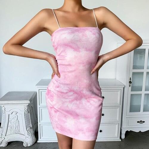 Women Summer Dresses Tie-Dye Sexy Sleeveless Spaghetti Strap Bodycon Fashion Slip Dress Womens Clothing 2021