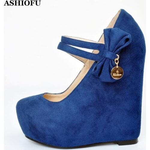ASHIOFU Handmade Womens Wadge Heel Pumps Faux-suede Double-buckle Strap Party Dress Shoes Butterfly-knot Evening Fashion Pumps