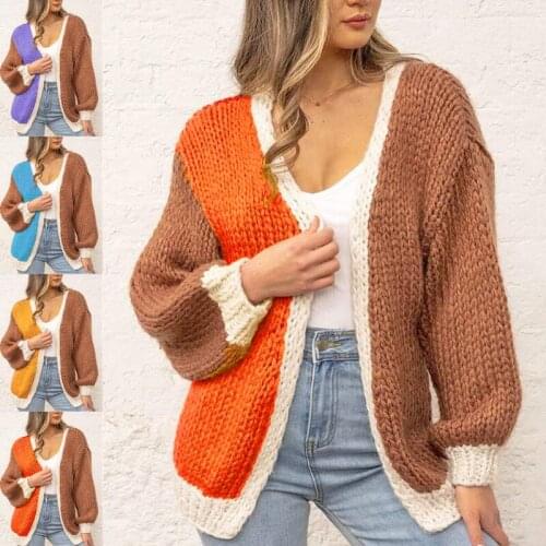 Women Autumn Winter Knitted Sweaters Ladies Spell colour Long Sleeve Cardigans Outerwear Warm Front Open Sweater Coats