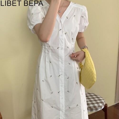 2021 New Women Summer Dresses Casual Embroidery Floral Puff Sleeve Buttons High Waist Vintage Back Hollow Out Long Dress DR5182