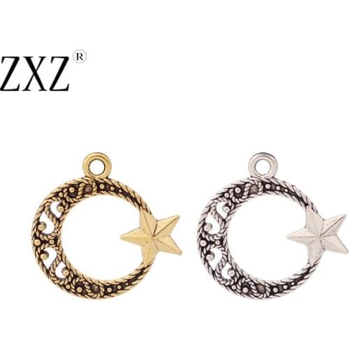 ZXZ 50pcs Tibetan Silver/Gold Crescent Moon & Star Circle Charms Pendants Beads for Bracelet Necklace Earring Jewelry Making