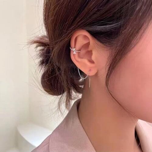 1PCS Korean Micro-Inlaid Rhinestone Bows Clip Earrings For Women Girls Simple Ear Cuffs Tassel Chain Ear Fake Cartilage Jewelry