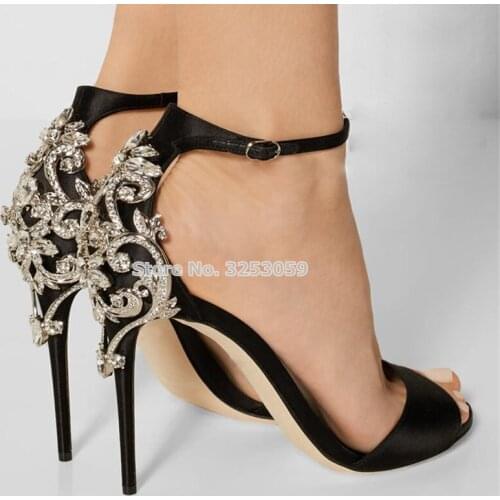 ALMUDENA Bling Bling Crystal Floral Heel Sandals Sexy Green Red Black Satin Cloth Strap Stiletto Heels Glittering Wedding Shoes