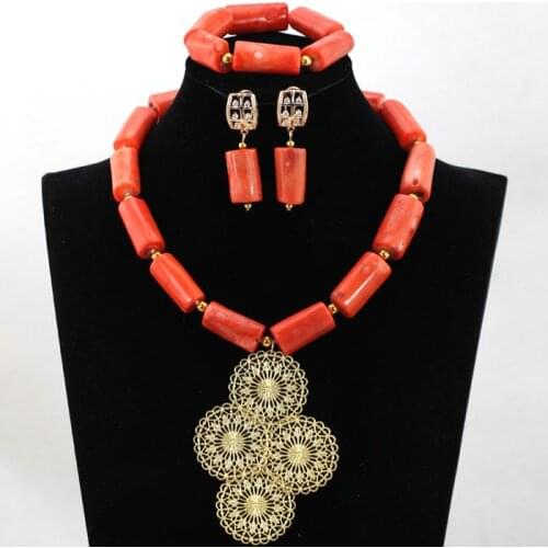 Single Layer African Coral Necklace Jewelry Set Gold Pendant Necklace Set for Traditional Wedding Party CNR537