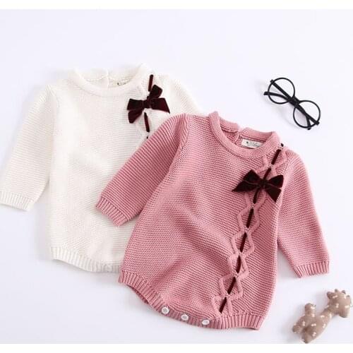 2020 Autumn Winter Children Clothing Baby Knitted Bow Tie Bodysuit Long-sleeved Pullover Sweater Jumpsuit Clothes