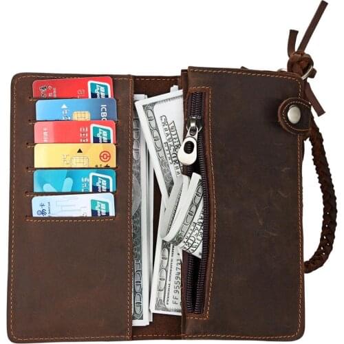 New Fashion Top Layer Cowskin Long Wallet with Braided Hand Strap Vintage Genuine Leather Coin Purse Luxury Card Clutch Bag