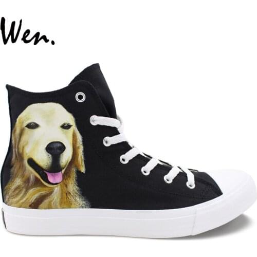 Wen Design Custom Animal Hand Painted Shoes Large Golden Retriever Pet Dog High Top Black Man Womans Canvas Sneakers Gift
