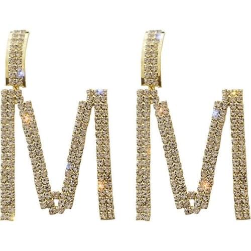 Korean temperament alloy Rhinestone Cha letter long earrings womens fashion star same style earrings fashion simple Earrings