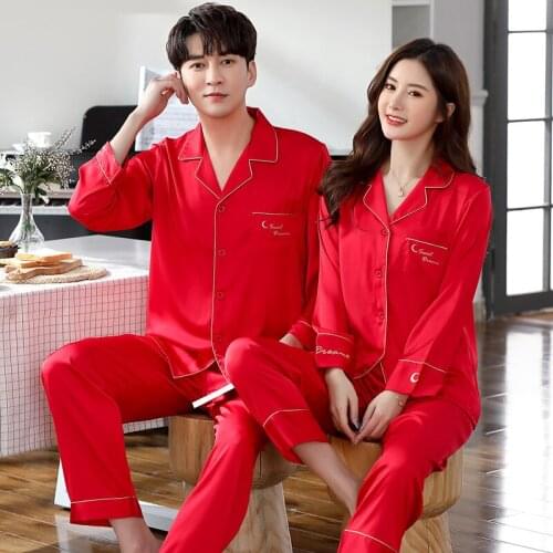 M-3XL Red Couple Wedding 2PCS Pajamas Suit Spring Autumn New Plus Size Nightwear Casual Letter Sleepwear Faux Silk Home Clothes