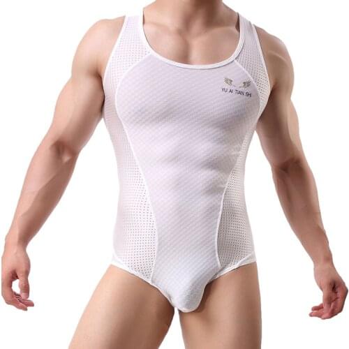 Men Undershirt Mesh Breathable Workout Bodysuit Leotard Wrestling Singlet Shapeswear Jumpsuit Bugle Pouch Underwear Swimwear