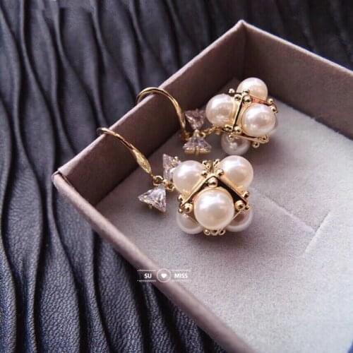 New Trendy Simulated Pearl Drop Earrings For Women Cute CZ Stones Bowknot Pendientes Earrings for Women Fashion Dangle Earring
