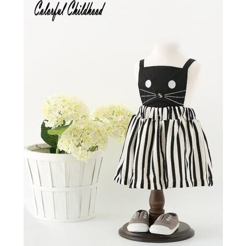 Adorable Baby Girls Dress Summer 2017 cartoon cat design Strap Dress Baby toddler kids Black and White stripe vestido 2-6Yrs