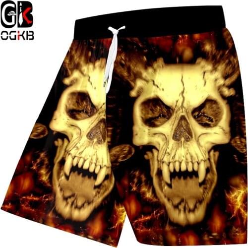 OGKB Unisex Cool Beach Shorts Print Flame Skull King 3D Board Bebermuda Shorts For Women/men High Waist Elastic Boxers Trousers