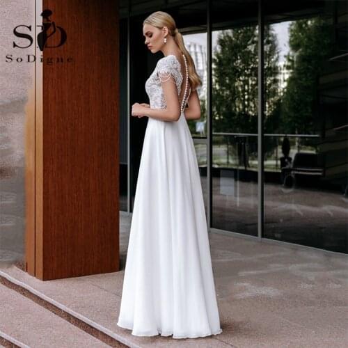 SoDigne Elegant Beach Wedding Dress Lace Ivory Cap Sleeves V neck Boho Wedding Party Dresses Bridal Gown robe de mariee