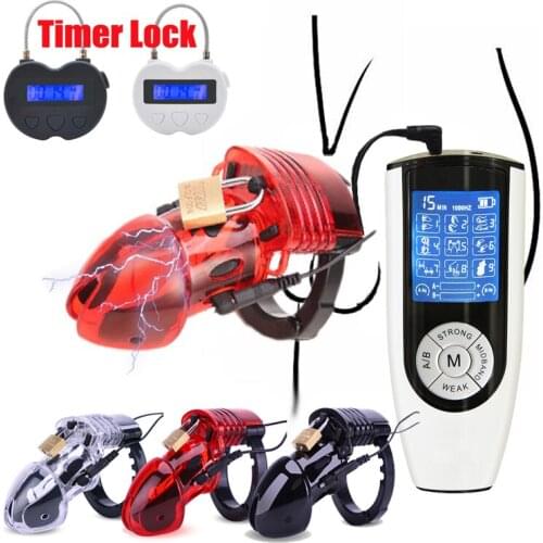 USB Charging Bdsm Timer Lock Chastity Belt,Electro Shock CB6000 Chastity Cage Ball Stretcher Male Masturbator,Penis Ring Sex Toy