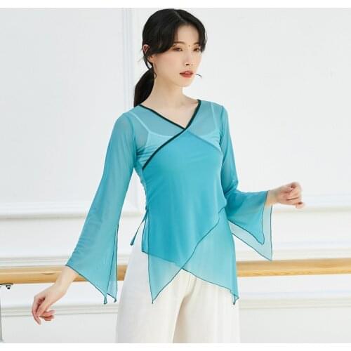 Adult Belly Dance V Neck Transparent Blouse Cross Sheer Mesh Top Falre Sleeve Fairy Costume for Women Dancing Clothes Dance Wear