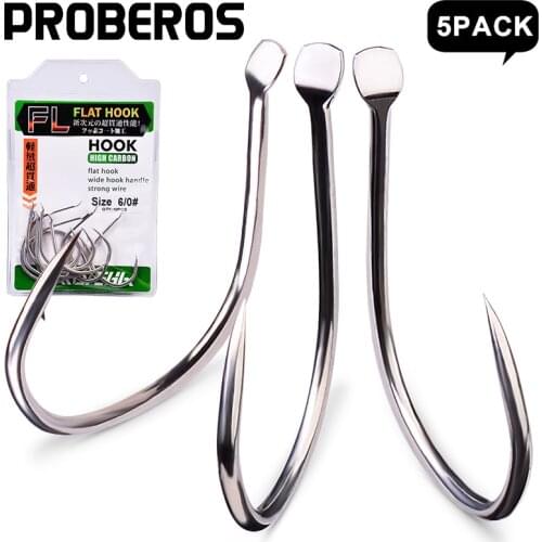 PROBEROS 50Pcs Jigging Fishing Hooks Size 1/0-2/0-3/0-4/0-5/0# Slow Pitch Flat Fishhooks High Carbon Steel Single Hooks Barbed