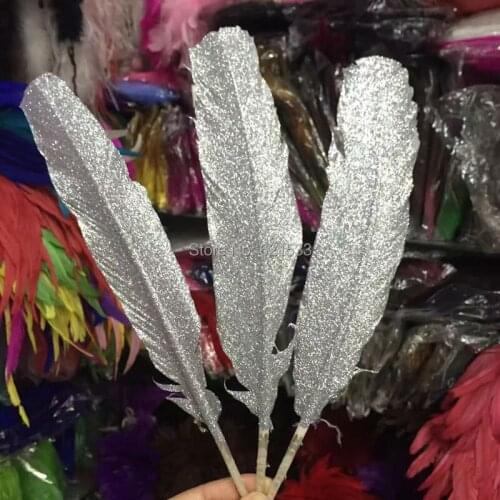 Silver painting turkey round feathers with Glitter,painted long white real turkey feather millinery wedding party table decor