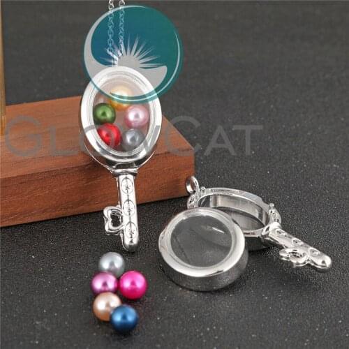 Glass Oval Key Floating Locket Pendant Necklace Magnetic Making Living Memory Locket Pearl Beads Women Jewelry