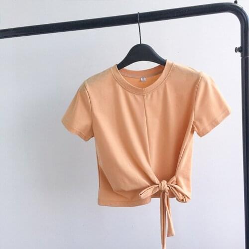Women Summer Casual Short Sleeve Lace Up Crop T Shirt Top Girls Street Style Tee Shirt Round Neck Knot T Shirt Harajuku Tshirt