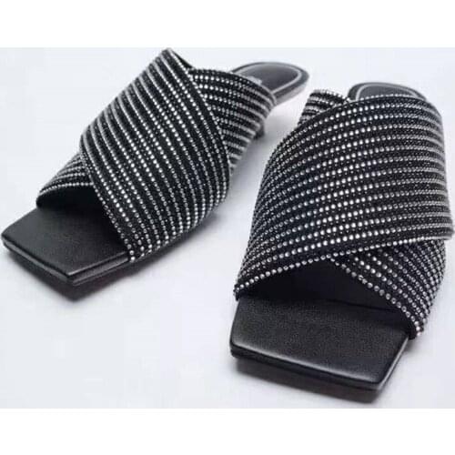 Womens Stiletto Sandals Summer New Fashion Rhinestone Mid-Heel Square Toe Cross Strap Open-Toe Outer Wear Sandals And Slippers