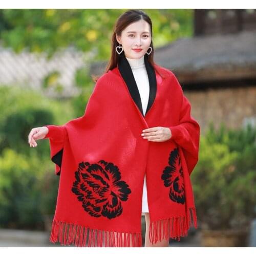Women Wearable Winter Poncho With Sleeve Shawls Wraps Ladies Pashmina Shawl Thicken Scarf Stoles Warm Feminino Ponchos Capes