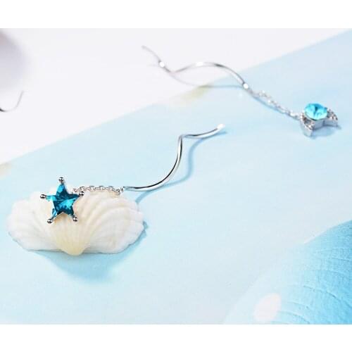 Blue Star Moon Crystal Long Tassel 925 Sterling Silver Earrings For Women Cute Small Korean Jewelry Aretes De Mujer