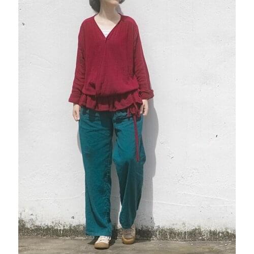 Women Loose Elastic Waist Solid Color Cotton Linen Pants Ladies Vintage irregular pockets Trousers Female 2020 Autumn Pants