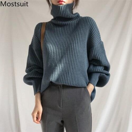 Turtleneck Solid Korean Women Sweater Pullover Full Sleeve Loose Fashion Tops Casual Office Ladies Jumpers Femme 2021