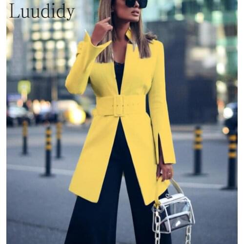 Women Long Sleeve Slim Fit Blazer Office Style Workwear Solid Blazer with Belt
