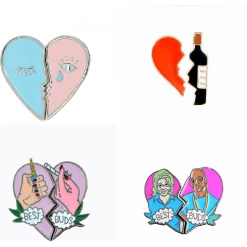 Fashion Cute 2pcs/set Broken Heart Tears BEST BUDS Wine Bottle Enamel Brooch Mens Womens Clothing Backpack Pin Jewelry Gifts