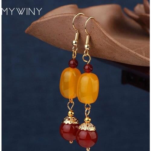 2 colors MYWINY New fashion copper jewelry yellow beaded earrings , cylinder nature stones vintage earrings