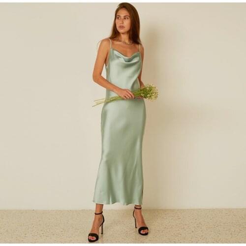 Mint Green Strap Satin Party Nightclub Midi Dress Sleeveless Backless Bodycon Sexy High Split Slim 2021 Fashion