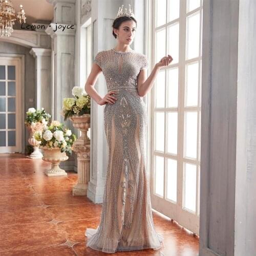 Lemon joyce Luxury Evening Dresses Long 2020 Sexy Illusion Beading Prom Gowns Dubai Evening Gowns robe de soiree