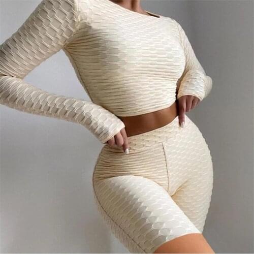 Women Tracksuit Jogging Running Yago Sets Skinny Long Sleeve Crop Tops + High Waist Shorts Femme Two Pieces Sports Suit