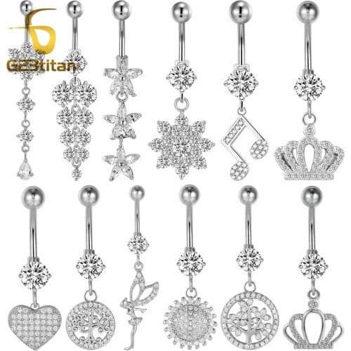 G23titan Wholesale Body Jewelry Silver Color Crystal Belly Button Rings 16G Titanium Dangle Belly Ring Bellybutton Piercing