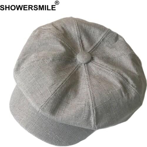 SHOWERSMILE Linen Newsboy Cap Women Solid Vintage Octagonal Cap Men British Style Painter Hat Grey Khaki Autumn Caps And Hats