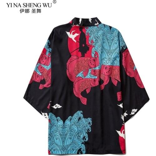 Japanese Style Black Crane Fish Kimono Streetwear Yukata Blouse Women Cardigan Harajuku Robe 2020 Men Japan Traditional Clothes