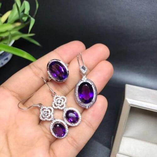 KJJEAXCMY boutique jewels 925 sterling silver inlaid with natural amethyst hollow ring pendant ring earrings 3 new set of lotus