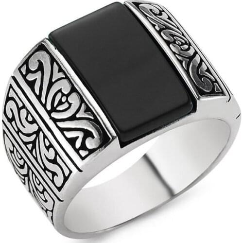 Solid 925 Sterling Silver Black Custom Cut Onyx Stone Turkish Mens Ring