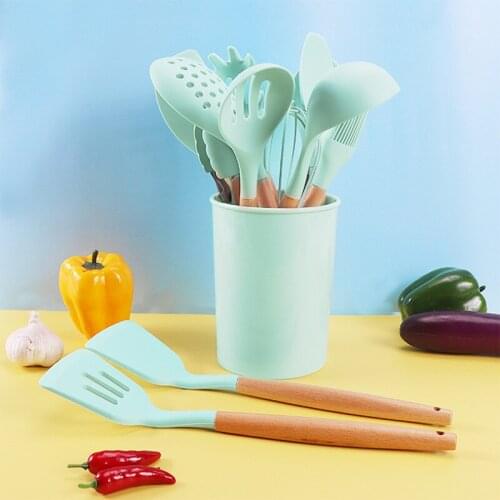 12Pcs Silicone Kitchenware Set Beech Wood Kitchenware Set Non-stick Kitchen Utensils Silicone Spatula Kitchen Accessories Cook