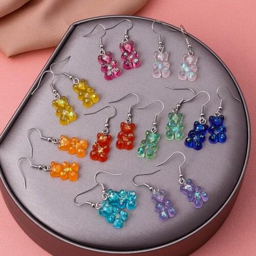 New Fashion Sequins Resin Gummy Bear Dangle Earrings for Women Girl DIY Cartoon Animal Bear Earrings Creative Drop Jewelry Gifts