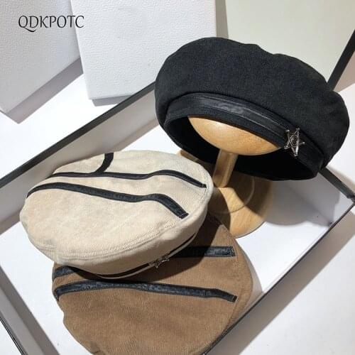 2021 Hat Autumn New Corduroy Women Berets Fashion Japan South Korea Simplicity Small Fragrant Wind Octagonal Hat Cap QDKPOTC