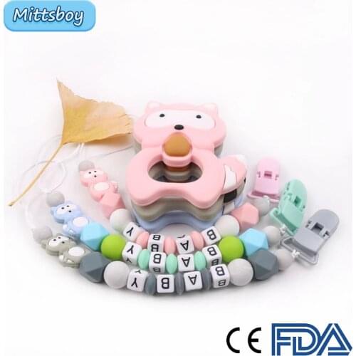 New DIY Customizable Personalized Name Silicone Raccoon Handmade Pacifier Clip Holder Chain Silicone Pacifier Chain Baby Teether